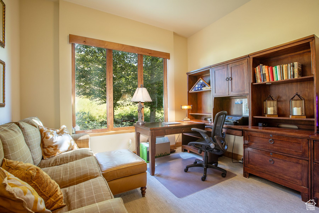 View of carpeted home office