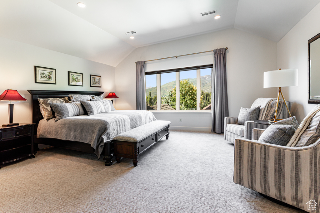 Bedroom with lofted ceiling and carpet