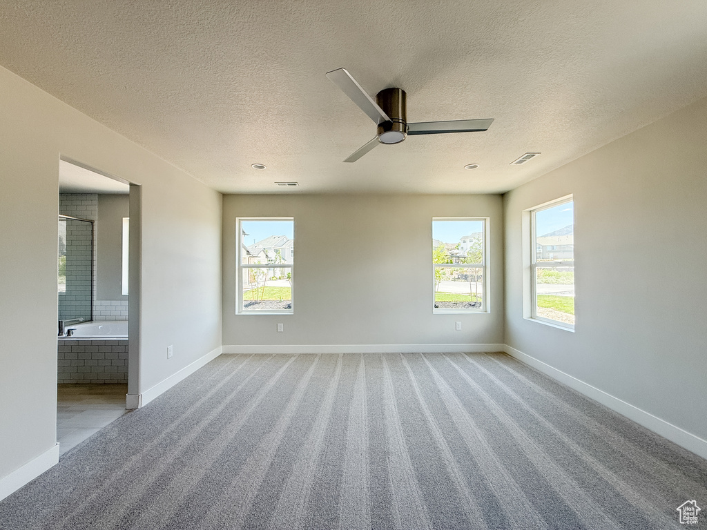 Unfurnished room featuring carpet flooring, healthy amount of natural light, a textured ceiling, and a ceiling fan