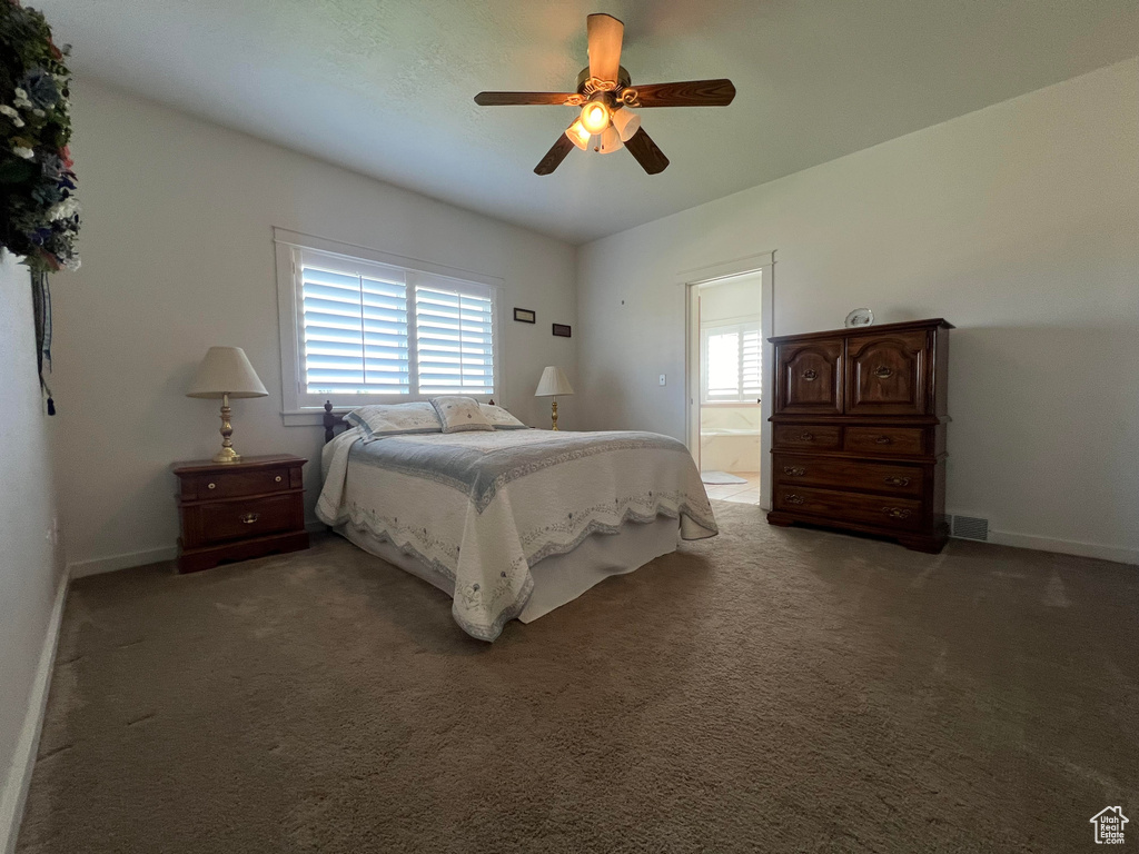 Bedroom featuring multiple windows, ceiling fan, carpet floors, and ensuite bath