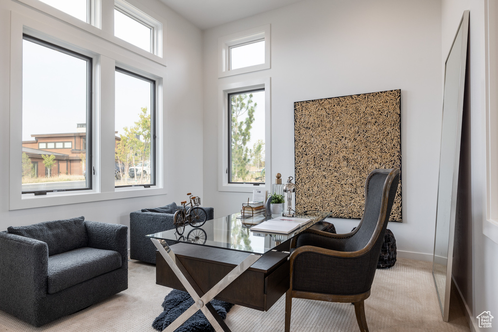 View of carpeted home office