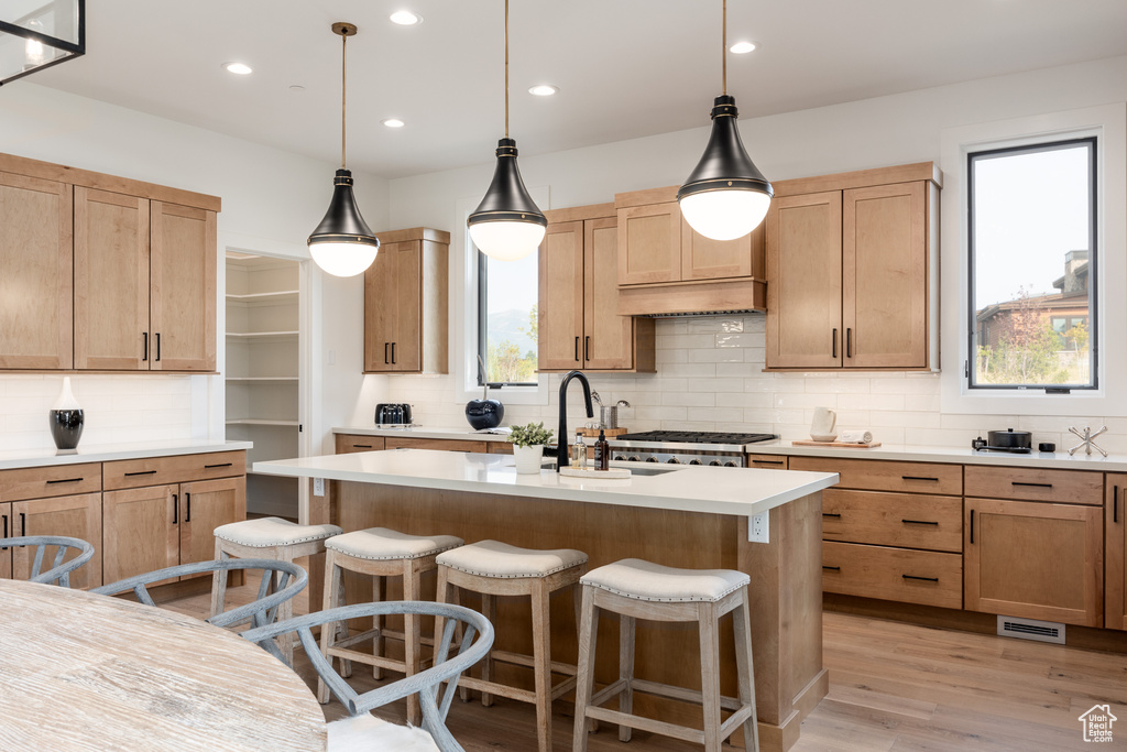 Kitchen featuring an island with sink, light wood-type flooring, pendant lighting, and a healthy amount of sunlight