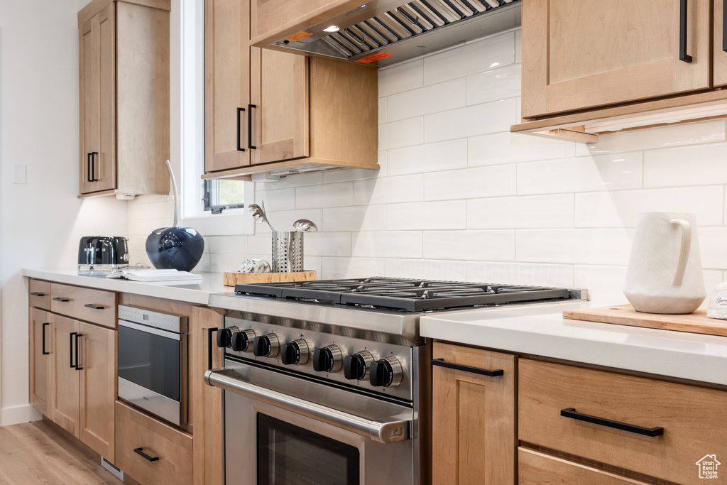 Kitchen featuring premium range hood, appliances with stainless steel finishes, light wood-type flooring, and tasteful backsplash