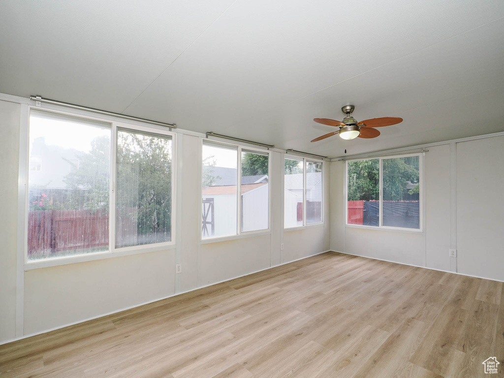 Unfurnished room with ceiling fan and light hardwood / wood-style flooring