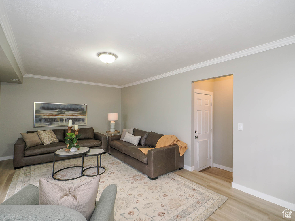 Living room with light wood-type flooring and ornamental molding