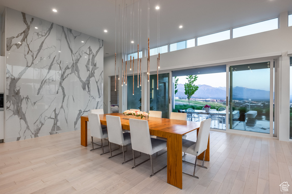 Dining room featuring a mountain view and light hardwood / wood-style flooring