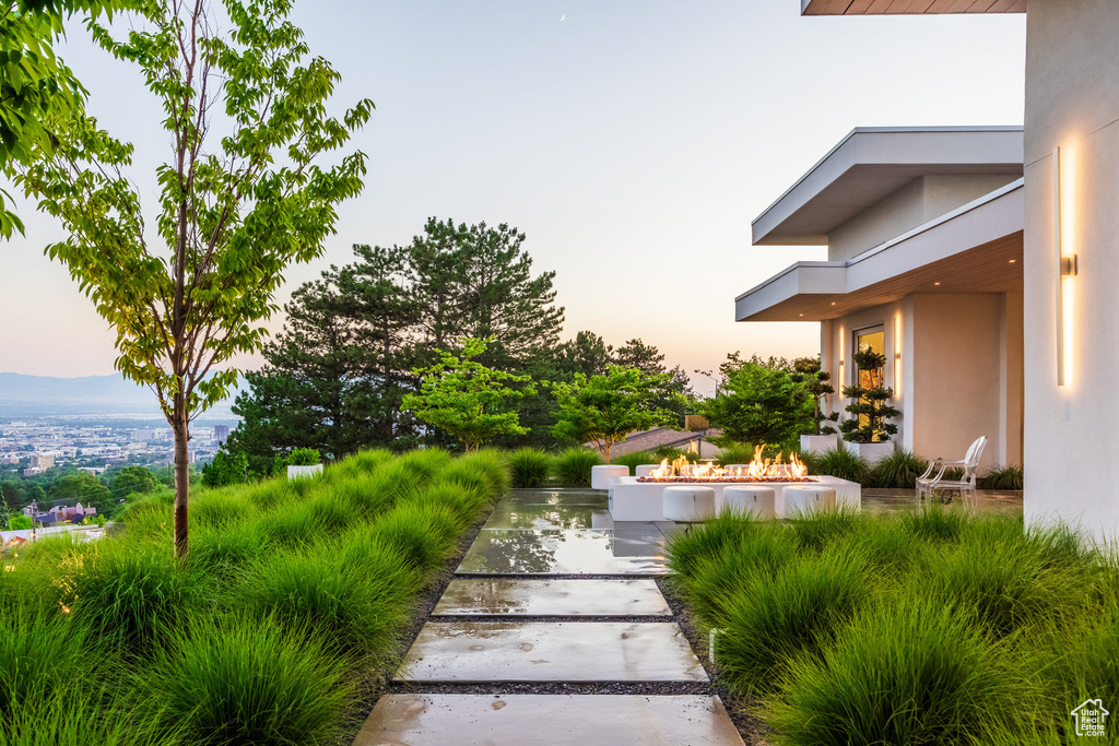 View of yard at dusk