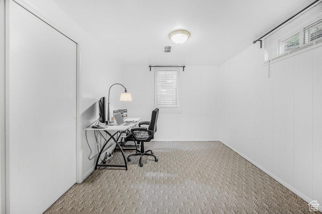 Office space with light carpet