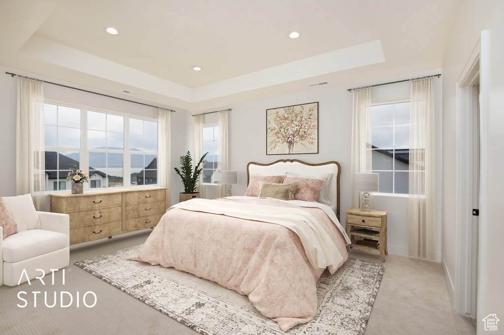 Carpeted bedroom with a tray ceiling