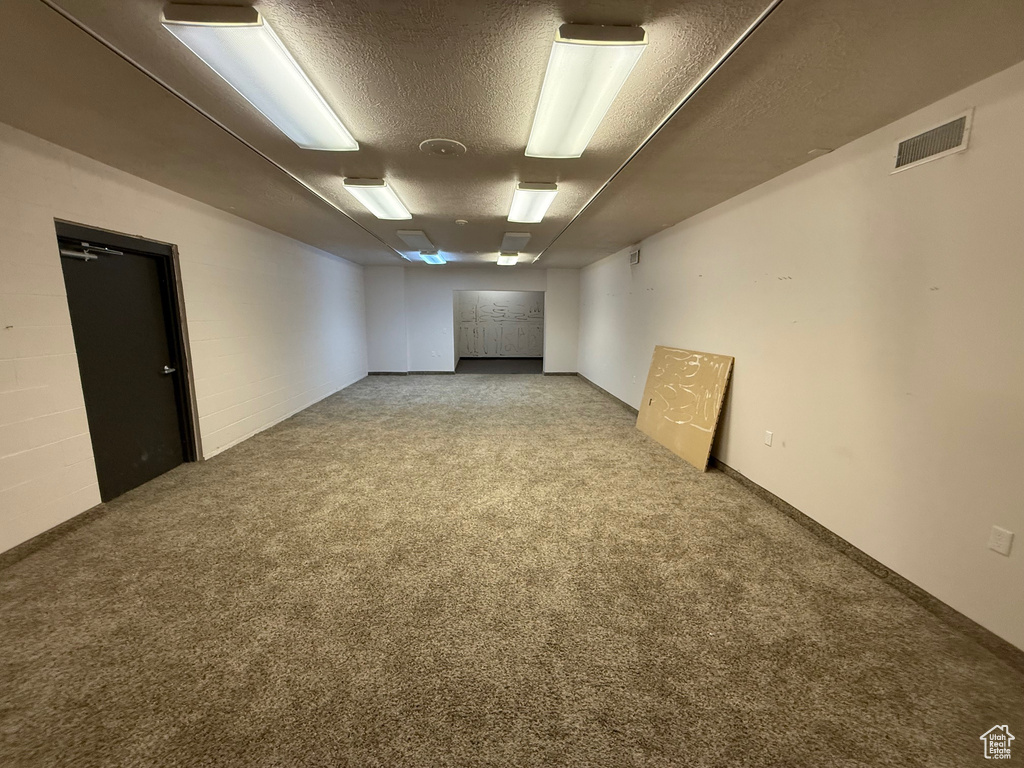 Finished below grade area featuring carpet flooring, a textured ceiling, and visible vents