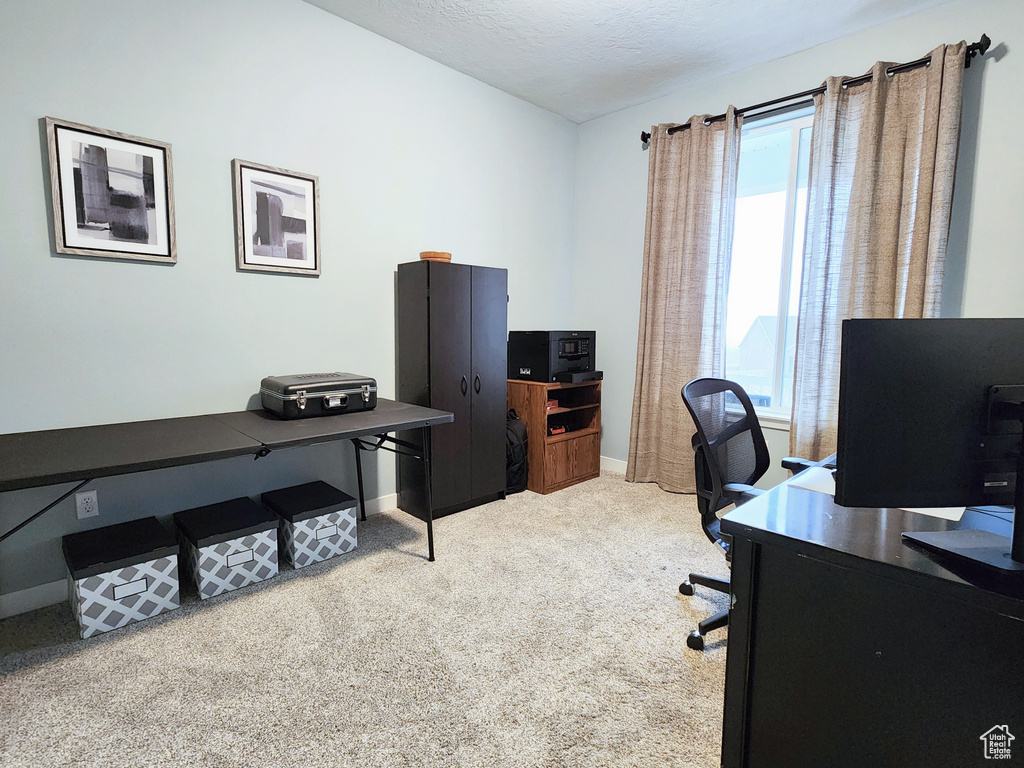 Office area featuring a textured ceiling and carpet flooring