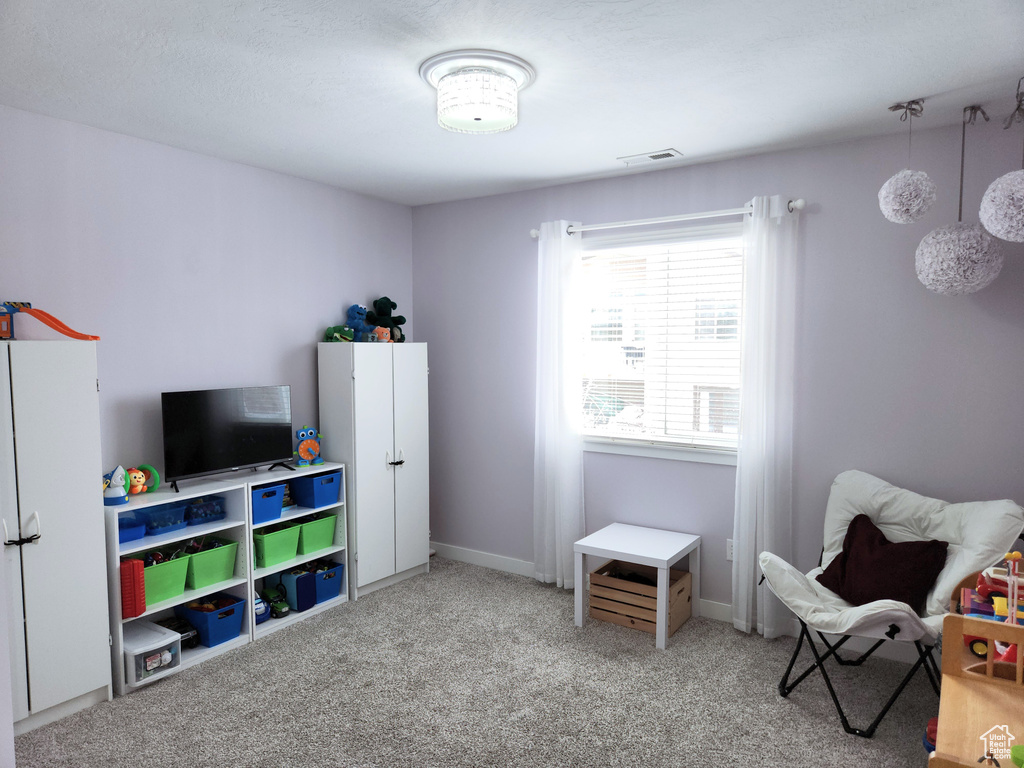 Recreation room with light colored carpet