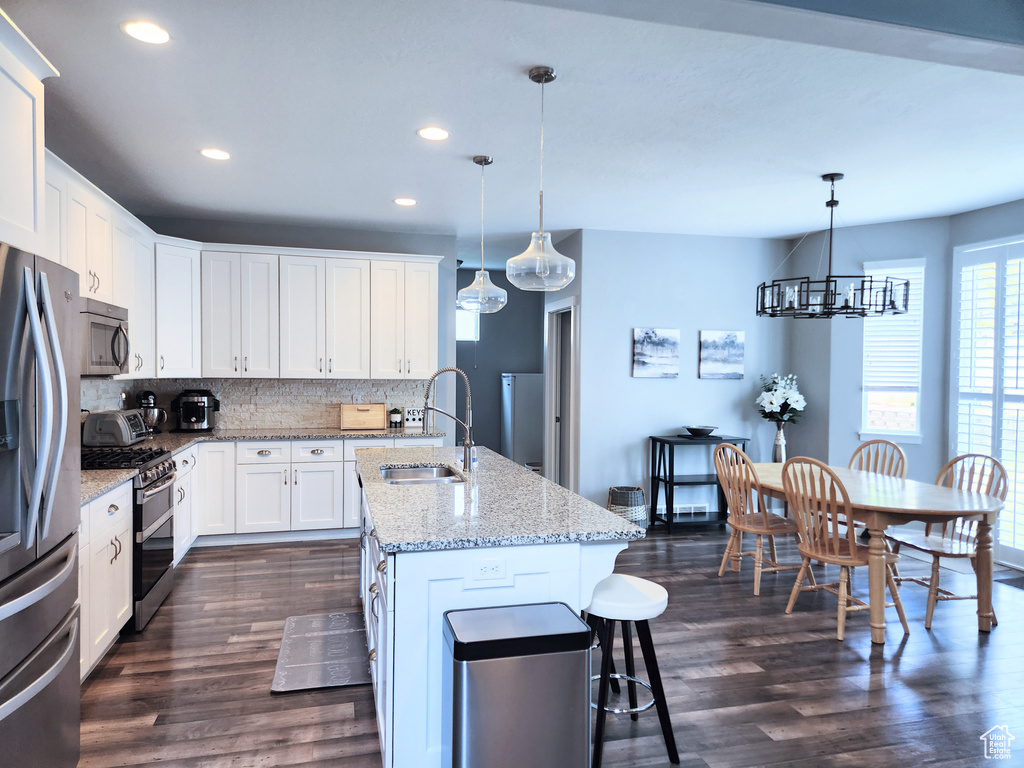 Kitchen featuring white cabinets, hanging light fixtures, appliances with stainless steel finishes, sink, and dark hardwood / wood-style floors