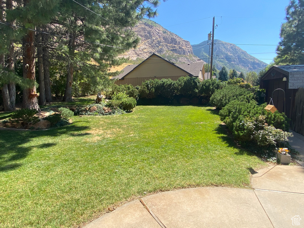 View of yard with a mountain view, a storage shed, and a patio area