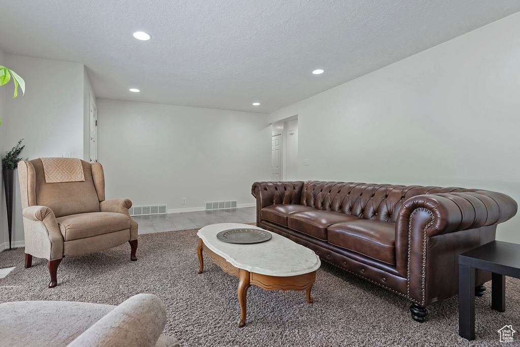 Living room featuring a textured ceiling and carpet floors