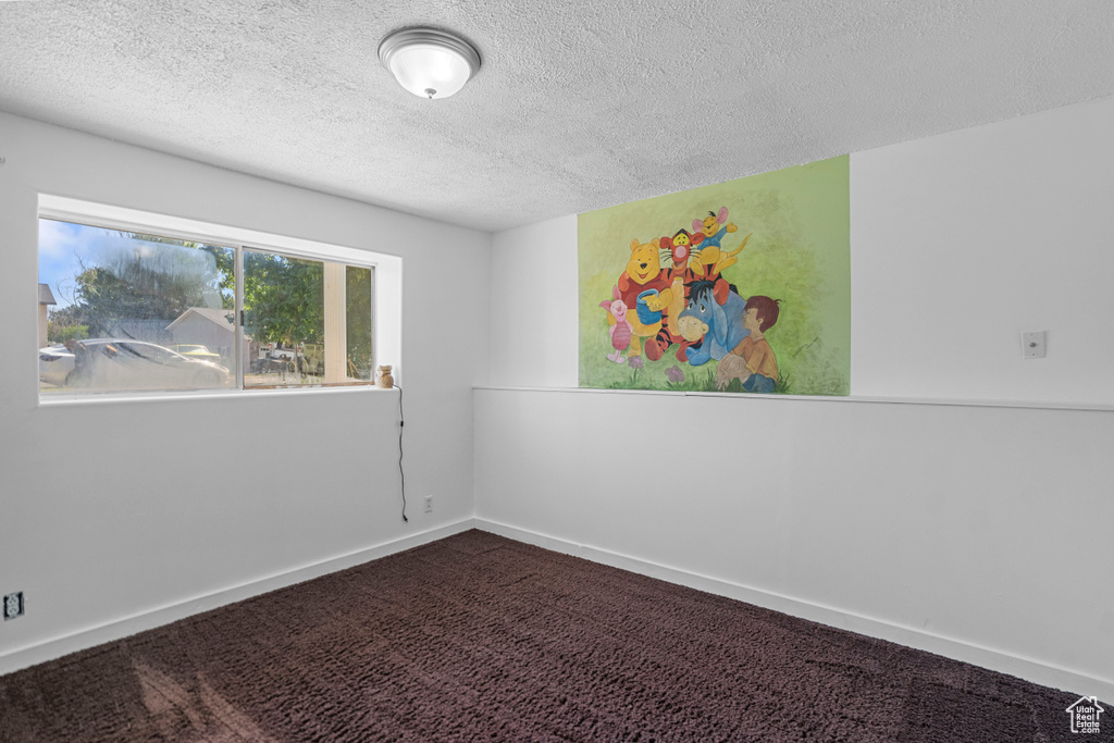 Carpeted empty room featuring a textured ceiling