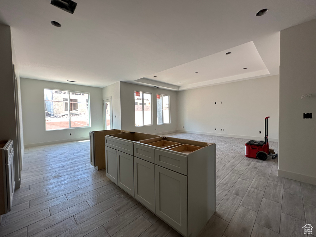 Kitchen featuring gray cabinets, a raised ceiling, light hardwood / wood-style flooring, and a center island