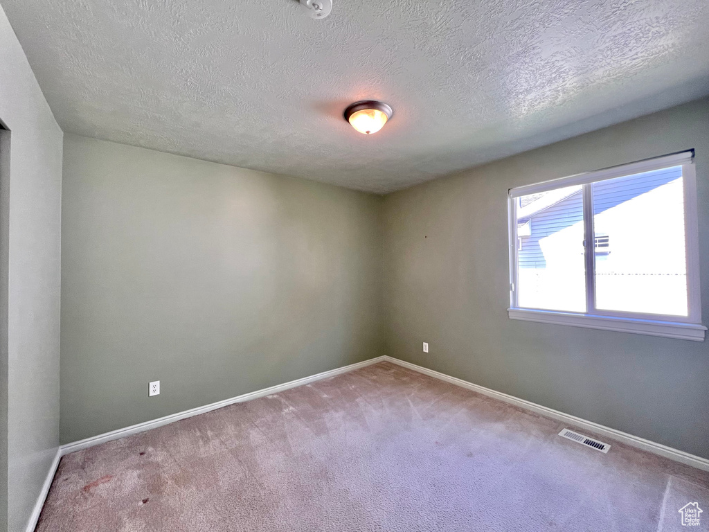 Carpeted spare room featuring a textured ceiling