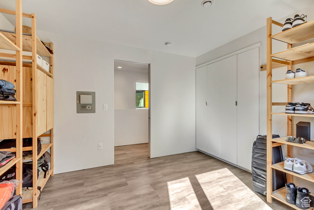 Interior space featuring light wood-type flooring and a closet