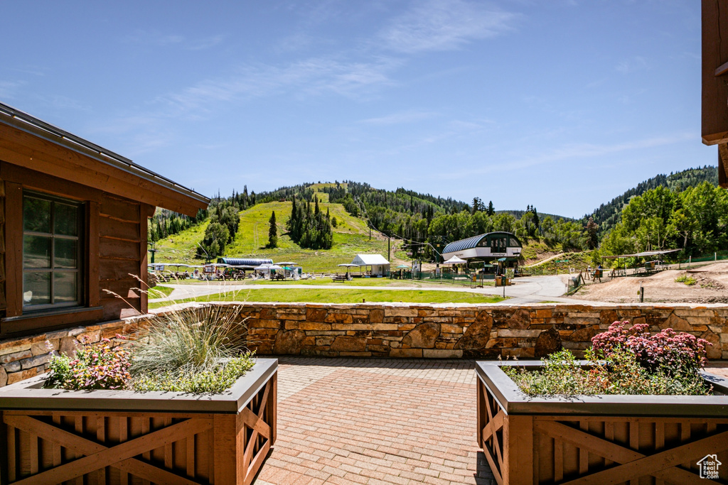 View of patio / terrace with a mountain view