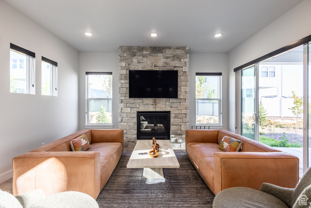 Living room featuring a fireplace and dark hardwood / wood-style floors