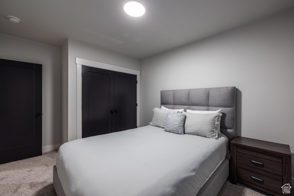 Carpeted bedroom featuring a closet