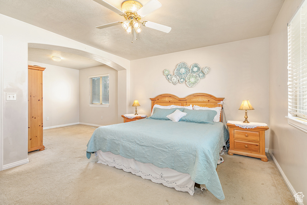 Carpeted bedroom featuring ceiling fan and multiple windows