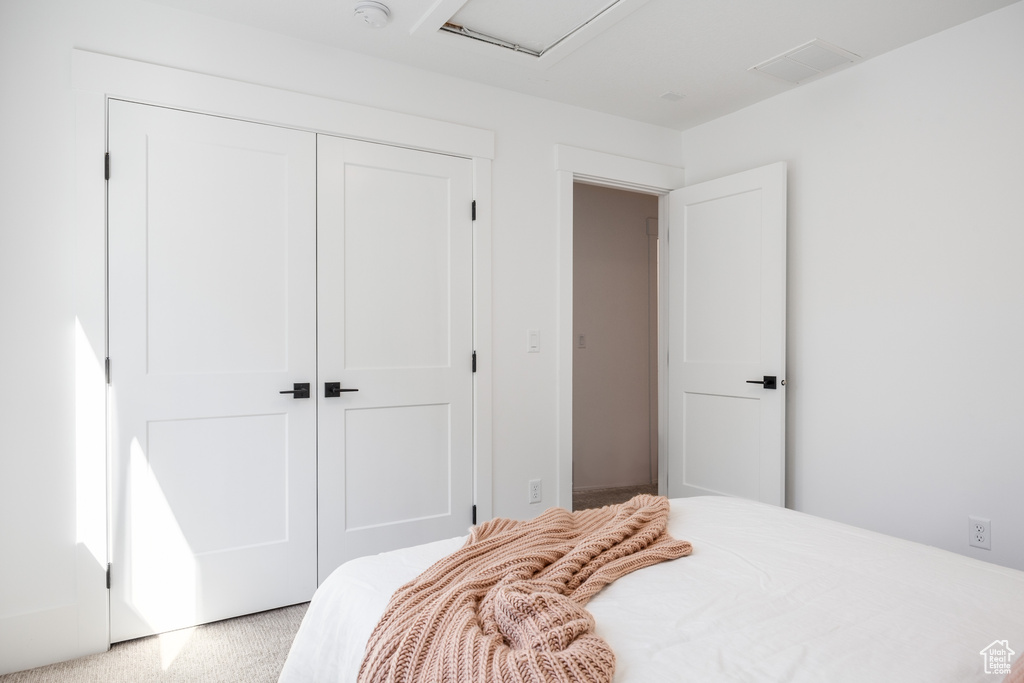 Carpeted bedroom with a closet