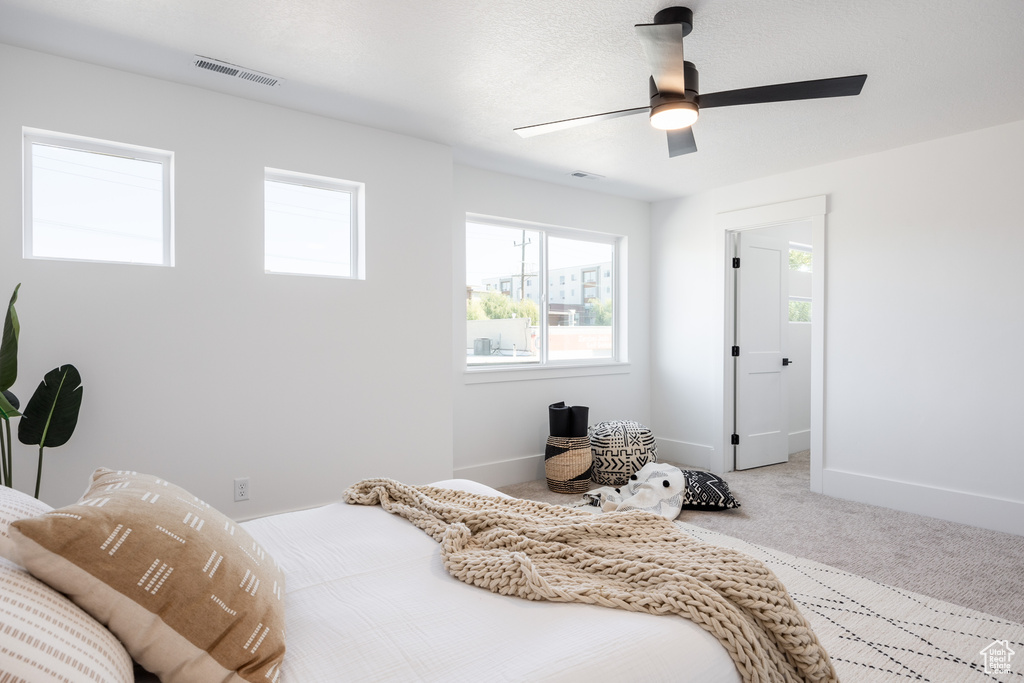 Carpeted bedroom with ceiling fan