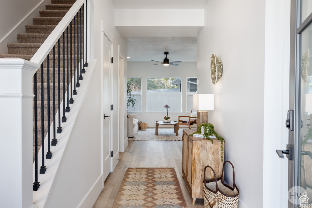 Foyer with light hardwood / wood-style flooring and ceiling fan