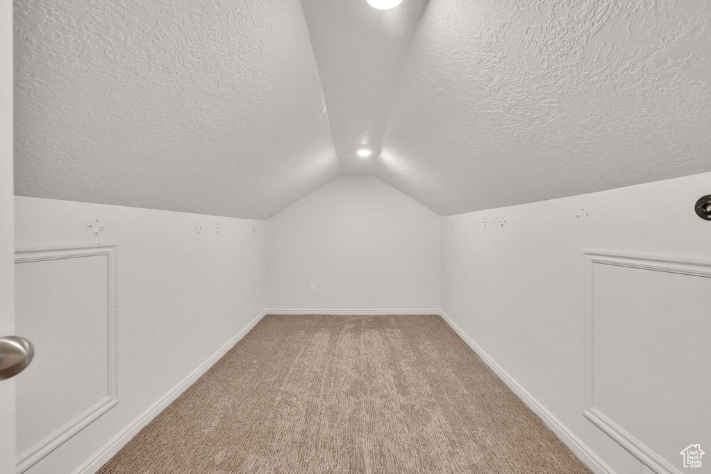 Additional living space with lofted ceiling, light colored carpet, and a textured ceiling