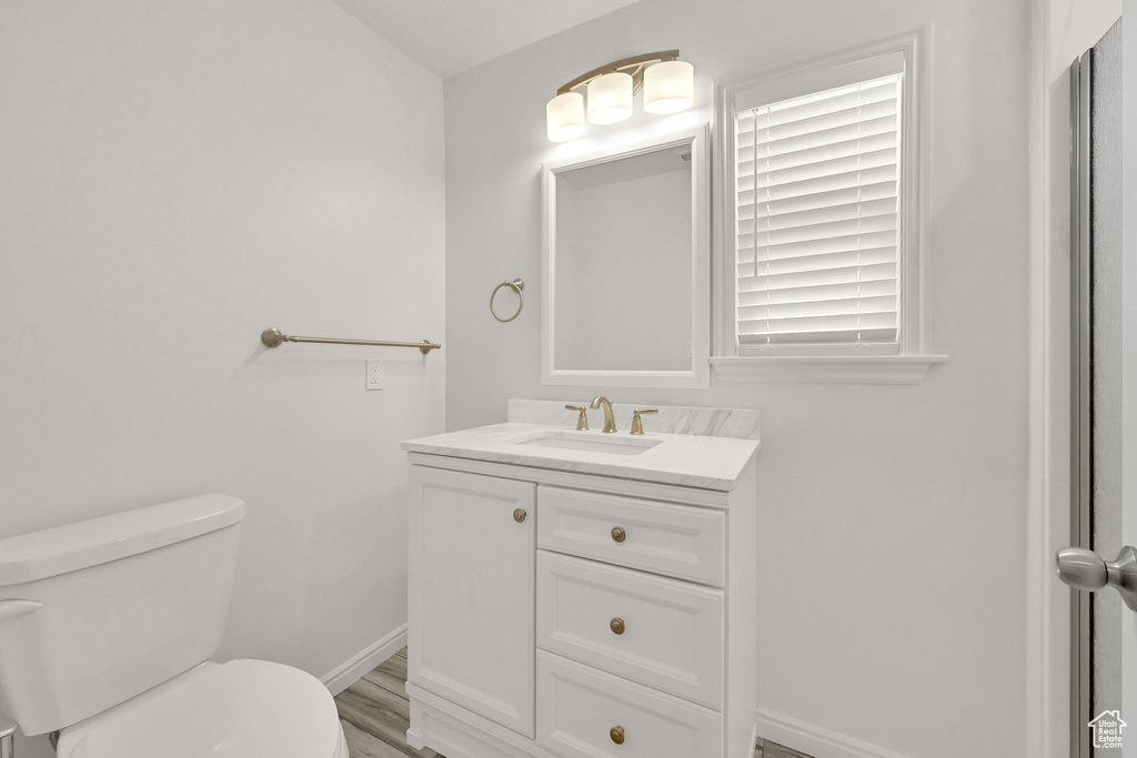 Bathroom with vanity, toilet, and hardwood / wood-style flooring