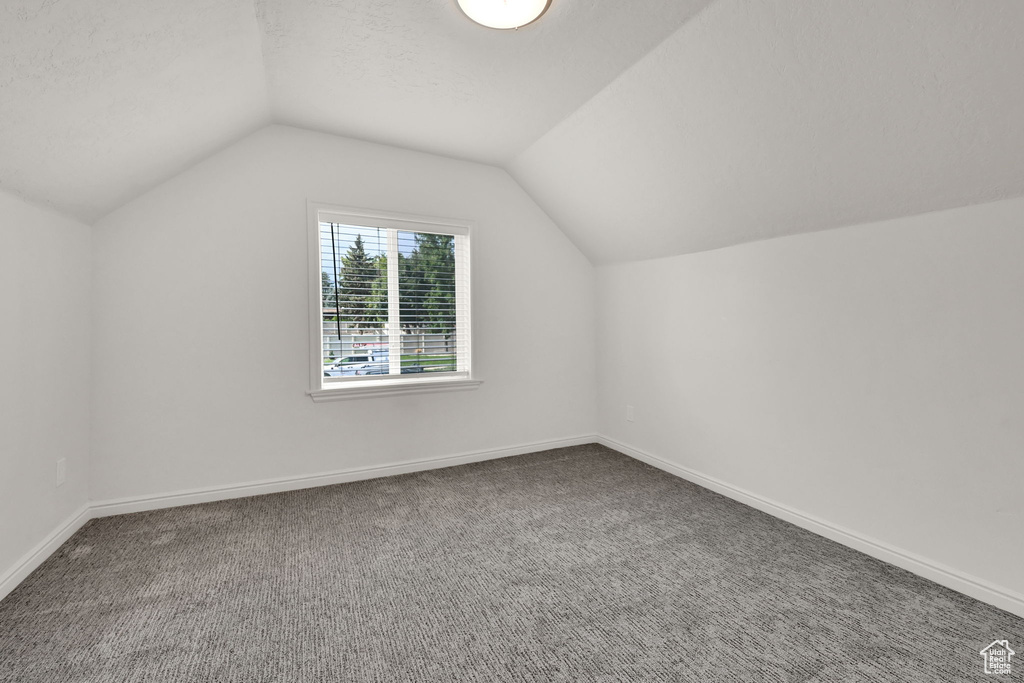 Additional living space featuring a textured ceiling, lofted ceiling, and carpet floors