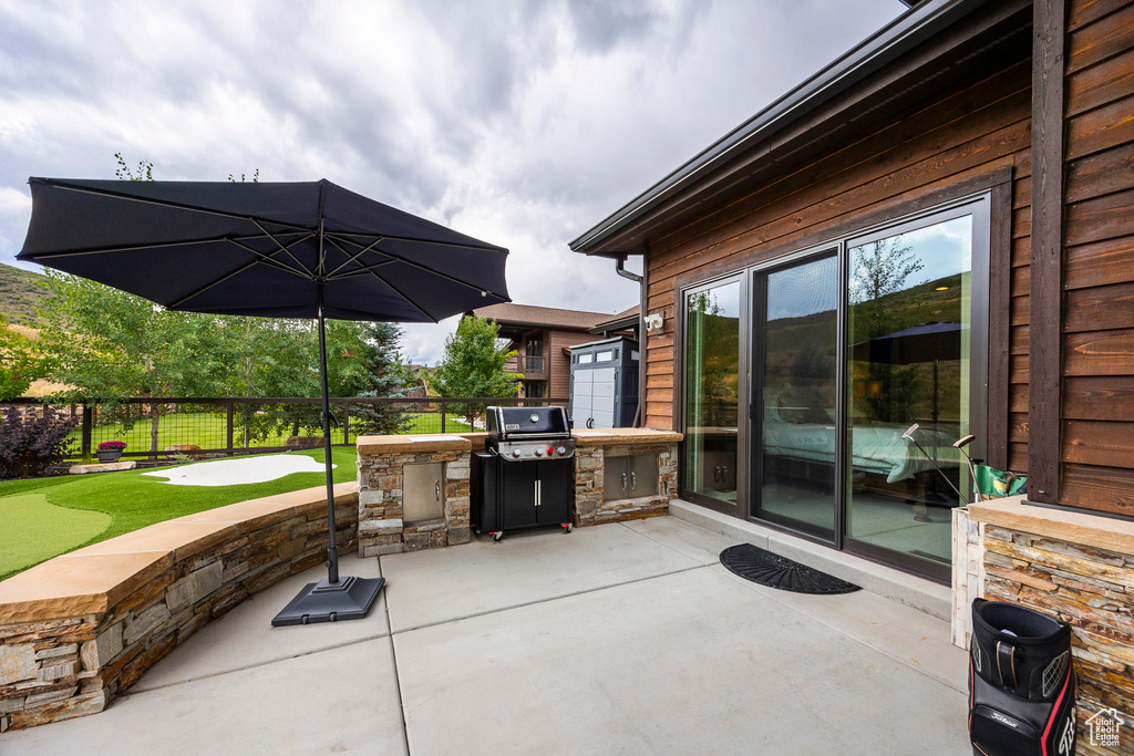 View of patio / terrace featuring an outdoor kitchen