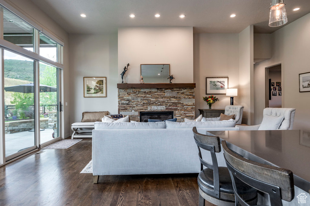 Living area featuring dark wood-style flooring, recessed lighting, and a stone fireplace