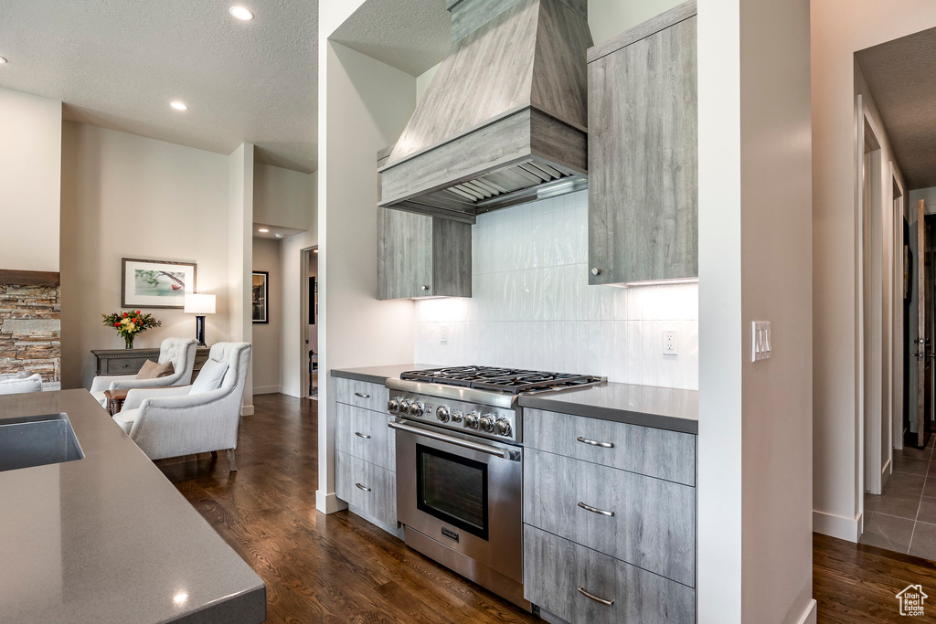 Kitchen with high end stainless steel range oven, custom exhaust hood, modern cabinets, tasteful backsplash, and recessed lighting