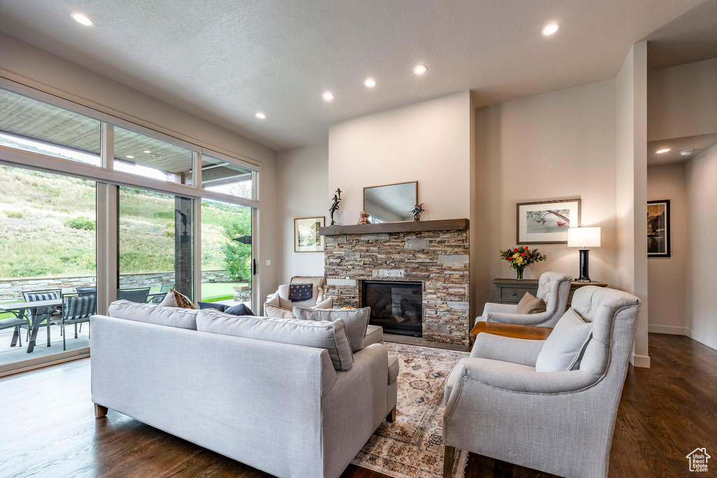 Living area featuring a stone fireplace, recessed lighting, dark wood-style flooring, and baseboards