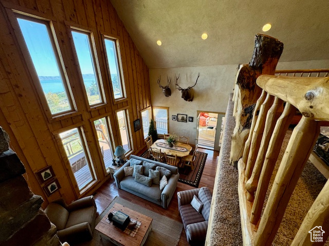 Living room with high vaulted ceiling, dark hardwood / wood-style floors, and a textured ceiling