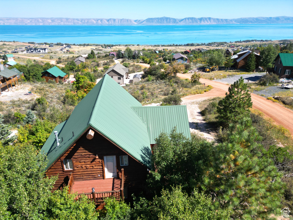 Bird\'s eye view featuring a water and mountain view