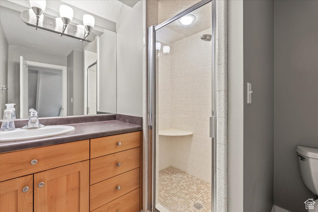 Bathroom featuring toilet, a stall shower, and vanity