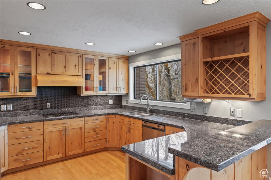 Kitchen with a peninsula, a sink, light wood-type flooring, under cabinet range hood, and stainless steel dishwasher