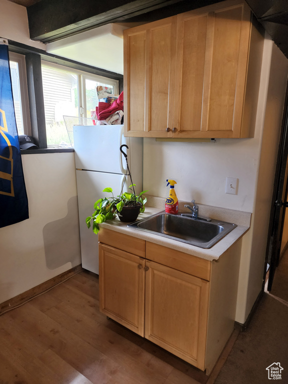 Kitchen featuring light brown cabinetry, wood-type flooring, sink, and white fridge