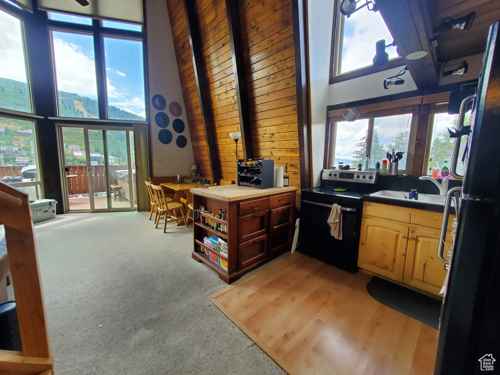 Kitchen with black refrigerator, a towering ceiling, light carpet, and stainless steel range with electric cooktop