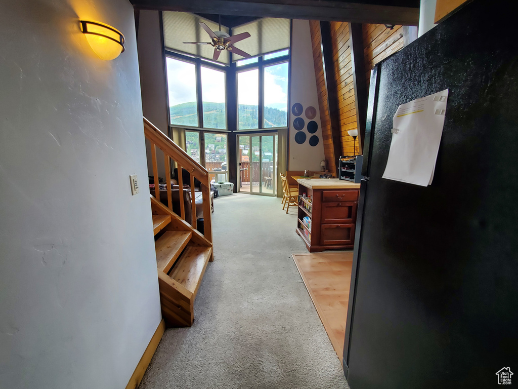 Hall featuring a high ceiling and carpet floors