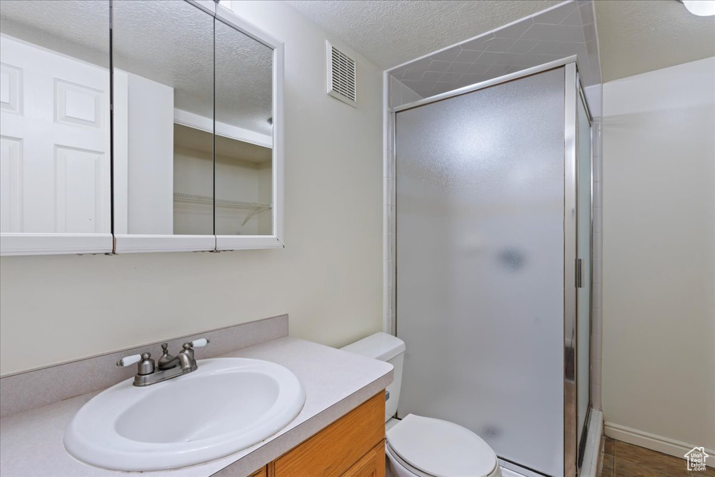 Bathroom featuring walk in shower, toilet, a textured ceiling, and vanity