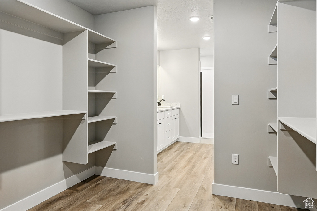 Spacious closet featuring light wood finished floors and a sink