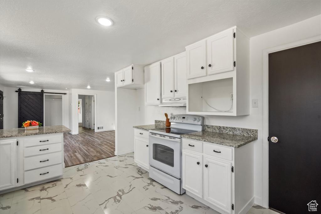 Kitchen featuring a barn door, light stone countertops, white range with electric cooktop, and white cabinetry