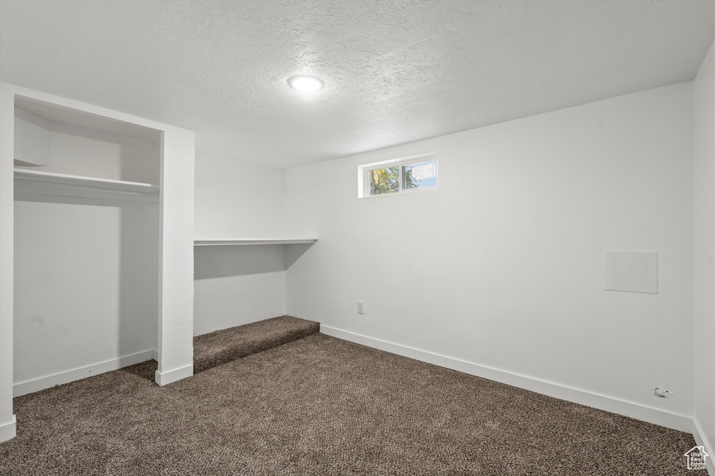 Interior space featuring carpet and a textured ceiling