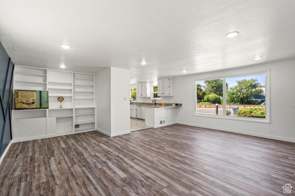 Unfurnished living room with hardwood / wood-style flooring, a textured ceiling, a wealth of natural light, and sink