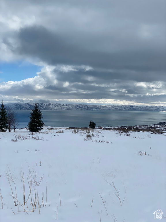 Yard layered in snow with a water and mountain view